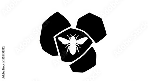 A black and white graphic logo featuring a stylized bee centered within a hexagon, surrounded by three dark, organic, petal-like shapes.