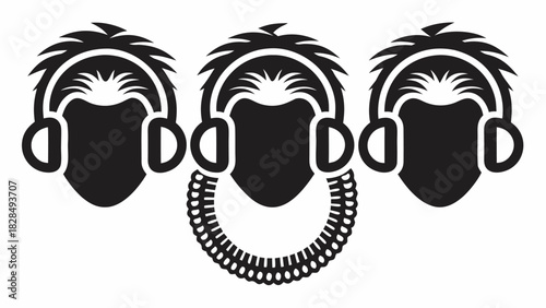 Three faceless figures listen with headphones in bold vector design; ideal for music, podcasting, or audio branding with a cool, modern style