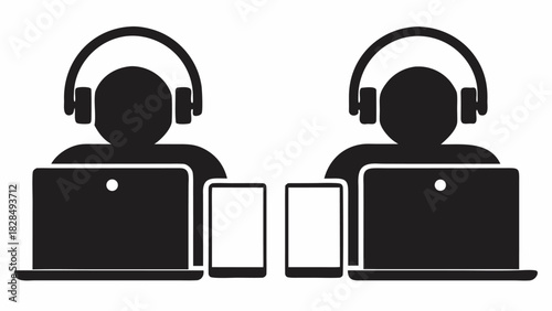 Dynamic team collaboration with laptops and tablets, connecting and innovating in a modern workspace, perfect for illustrating teamwork and remote communication