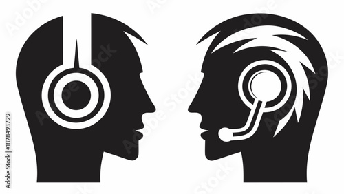 Communicate clearly with this vector graphic of two heads facing each other, one wearing headphones and the other a headset for optimal conversation flow