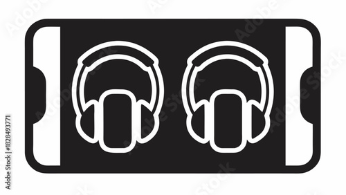 Listen together concept, two headsets on phone screen for music sharing or podcast listening, modern monochrome design, audio experiences, seamless connectivity