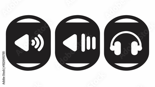 Audio control icons for sound volume, rewind, and headphones for multimedia projects, perfect for app development and user interface design needs