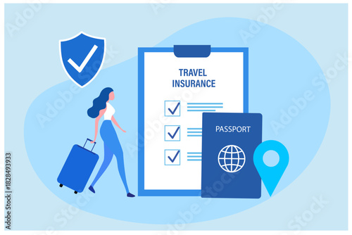 Travel insurance concept. Travel insurance policy with airplane, luggage and protection shield on smartphone vector illustration