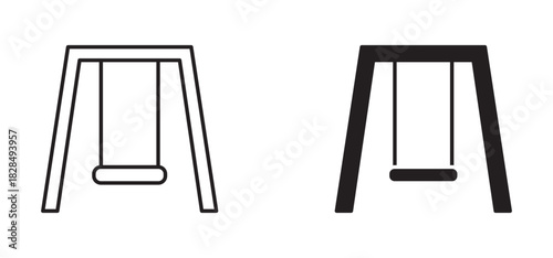 Swing seat icon set in outline and silhouette style, representing playground equipment, outdoor play, and recreation, vector illustration.