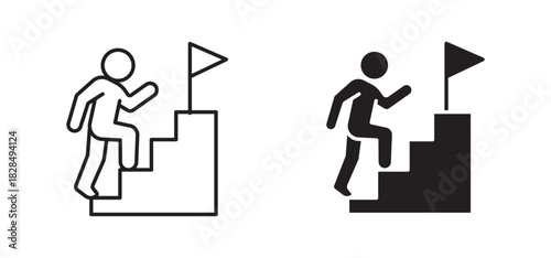 Goal achievement icon set in outline and silhouette style, representing success, progress, and personal development, vector illustration.