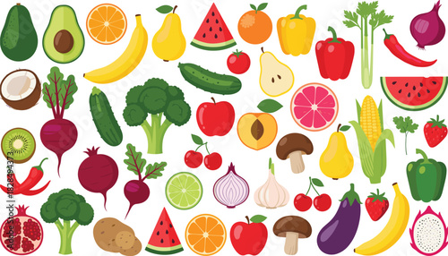 Mega Colorful Fruits and Vegetables Vector Collection Set Featuring Produce, Berries, Peppers, Citrus, Root Vegetables, and Tropical Food Items.