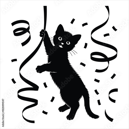 Playful black cat silhouette hanging onto a party streamer fun isolated on white background, Vector