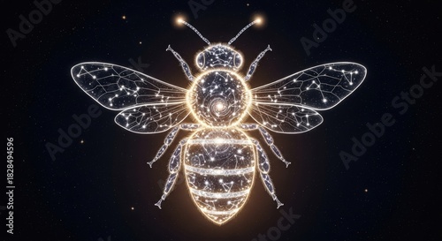 A glowing digital bee composed of interconnected lines and dots on a dark background, representing technology and nature.