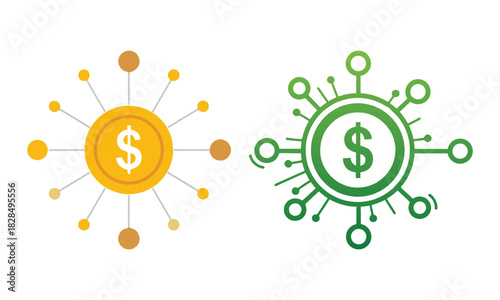 Financial network and digital money flow illustration concept set