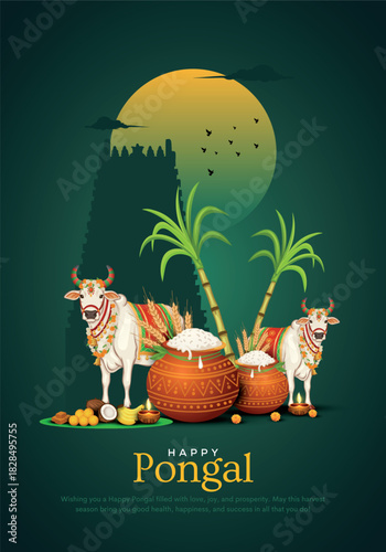 Happy Pongal Harvest festival of India with Pongal props, holiday Background, pongal celebration greeting card, vector illustration design.