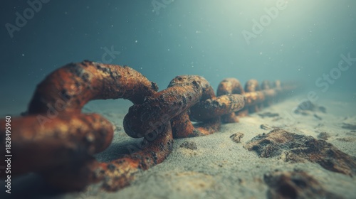 Massive Rusted Chain Resting on Sandy Seafloor in Underwater Environment with Soft Light and Particles Floating Around