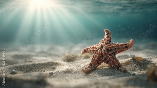 A Stunning Starfish Resting on a Sandy Seabed Illuminated by Sunlight Rays in a Serene Underwater Scene