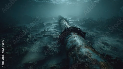 Submerged Oil Pipeline Stretching Across the Seafloor, Capturing the Depths of Marine Environments and Their Impact on Oceanic Ecosystems