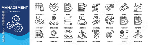 Management icon set collection. an icon pack contain manage, plan, lead, strategy, goal, task, team, schedule, organize, project