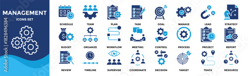 Management icon set collection. an icon pack contain manage, plan, lead, strategy, goal, task, team, schedule, organize, project