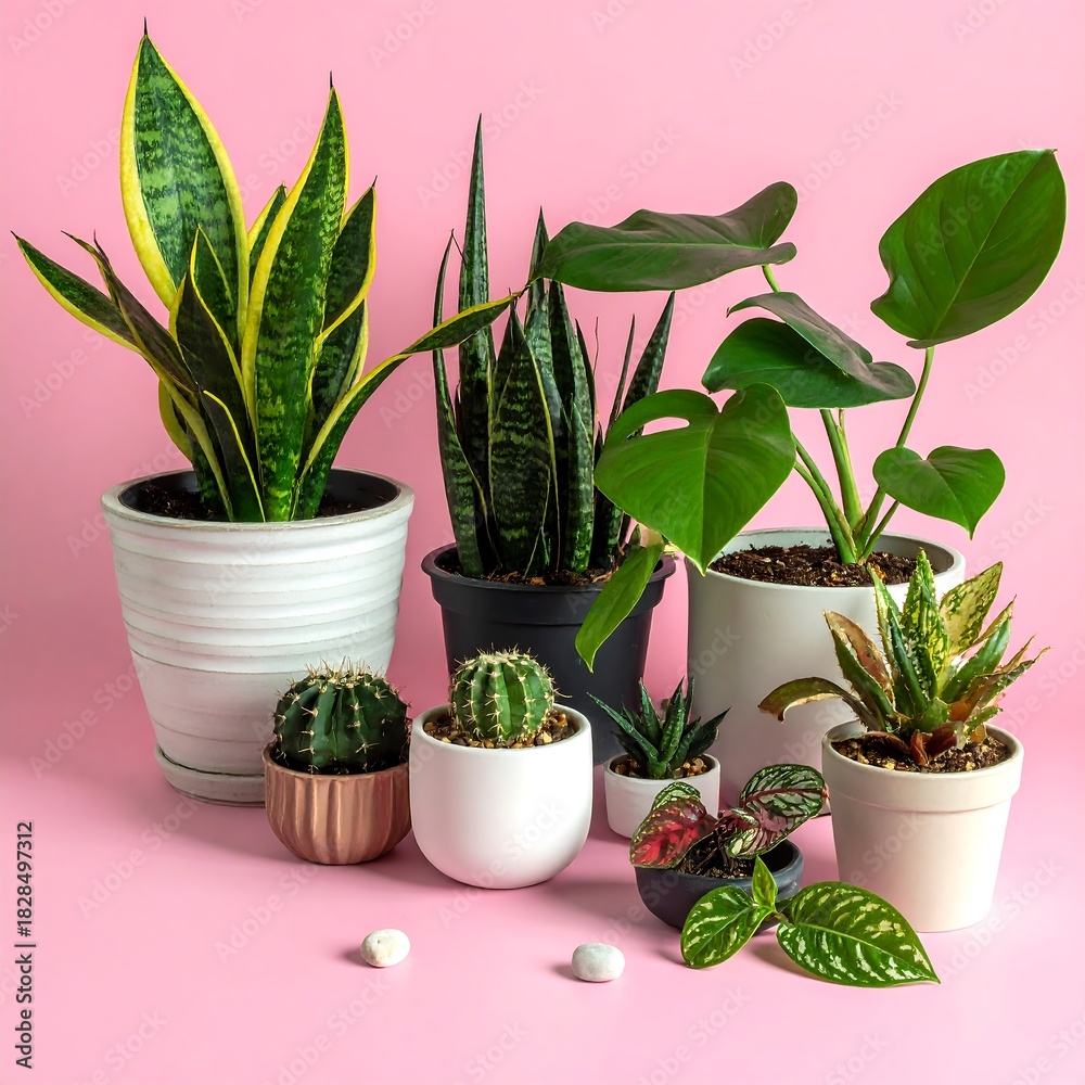 Obraz premium Various potted houseplants against a vibrant pink backdrop