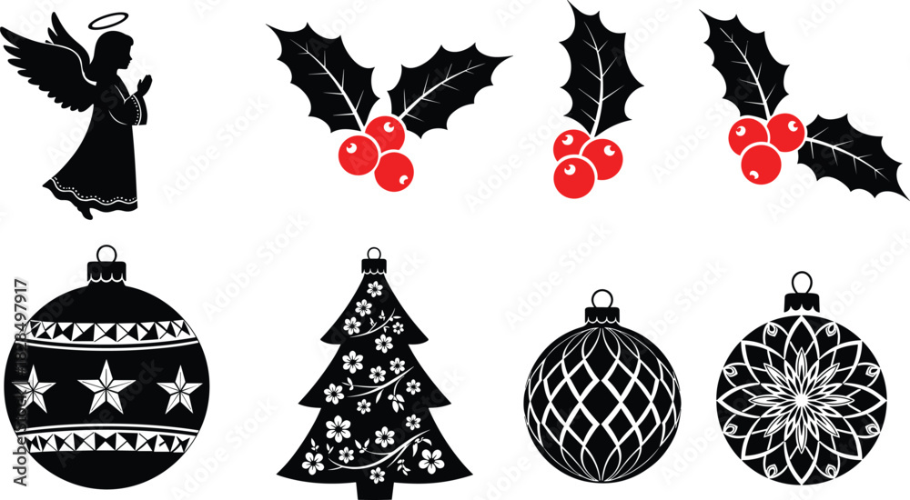 Obraz premium Set of traditional Christmas vector icons, featuring decorative tree ornaments, angel silhouette, and classic holly with red berries, collection of holiday graphic elements, isolated on white back