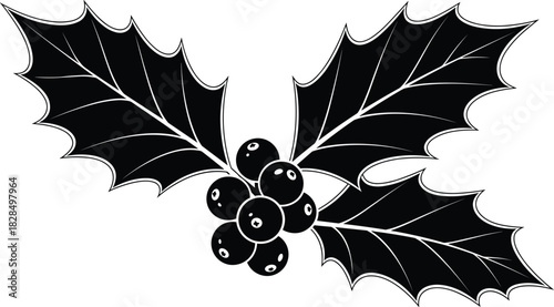 Traditional Christmas holly vector silhouette, featuring two spiky leaves and a centralized cluster of berries, classic winter holiday decoration graphic element, isolated on white background, festive