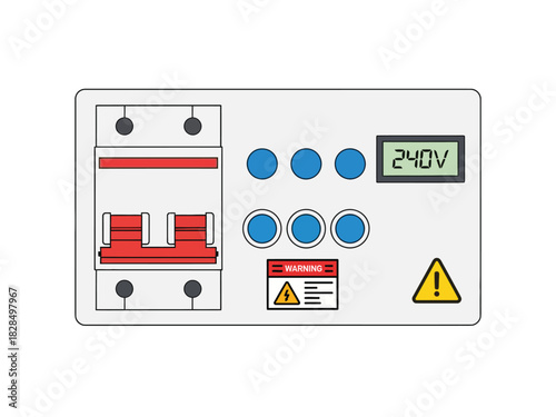 Electrical control panel diagram featuring a circuit breaker, clear digital voltage display, and prominent warning signs, emphasizing industrial safety and power management solutions