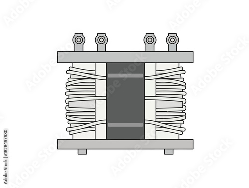 Minimalist line art illustration of an electrical transformer, showcasing its core and coil structure, a fundamental device for voltage transformation in power systems