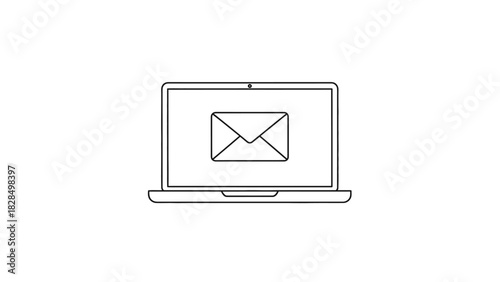 Minimalist line art vector icon of a laptop displaying an email message notification on the screen. A simple symbol for digital communication isolated on a white background.eps
