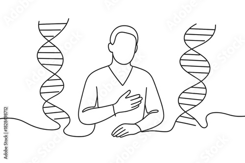 Minimalist DNA Pattern. Personalized treatment. Minimalistic one-line drawing a patient surrounded by flowing