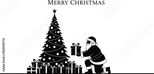 Black and white silhouette of Santa Claus placing gift box near decorated Christmas tree, festive holiday greeting card vector illustration for winter, present delivery, and seasonal design.