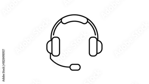 Black and white line art vector icon of a headset with a microphone. Outline illustration for customer support, call center, or technical assistance. Isolated on a white background (67).eps