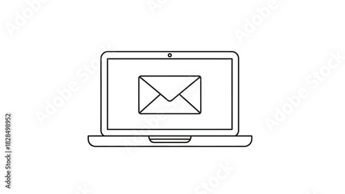 Outline vector icon of a laptop with an email envelope symbol on the screen, representing digital communication, online messaging, and newsletters