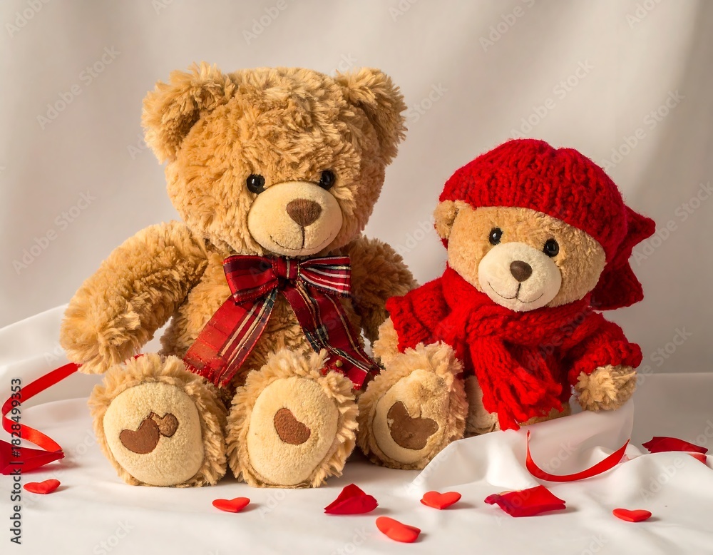 Obraz premium Two plush teddy bears sit on fabric, one in red hat & scarf, with scattered petals