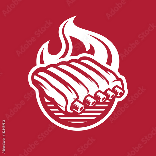 Simple Grilled Ribs Logo Design in Thick Line with Fire as a Background.eps