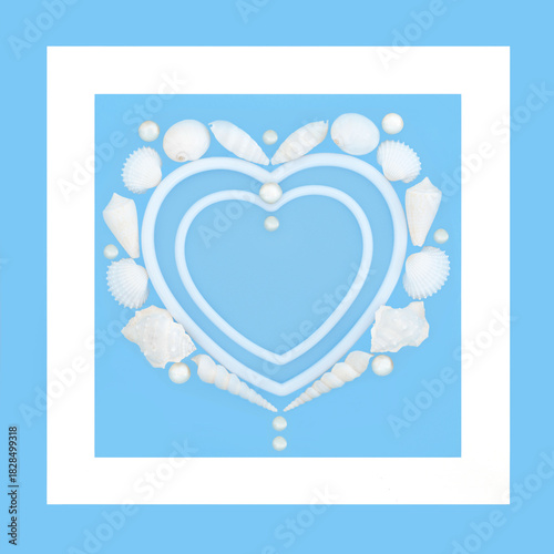 Heart shaped seashell pearl wreath on blue, white frame border. Romantic natural symbol of love,  Valentines, anniversary or birthday greeting card.