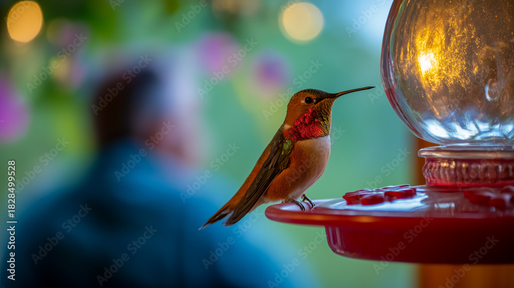 Fototapeta premium Tiny Jewel in the Garden A stunning hummingbird with a vibrant display of colors perches gracefully near a feeder, a moment of tranquil beauty in nature's embrace.