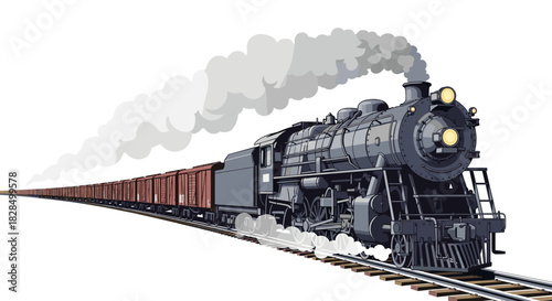 A powerful vintage black steam locomotive pulling a long line of red freight cars on a curving railway track, with thick smoke billowing.