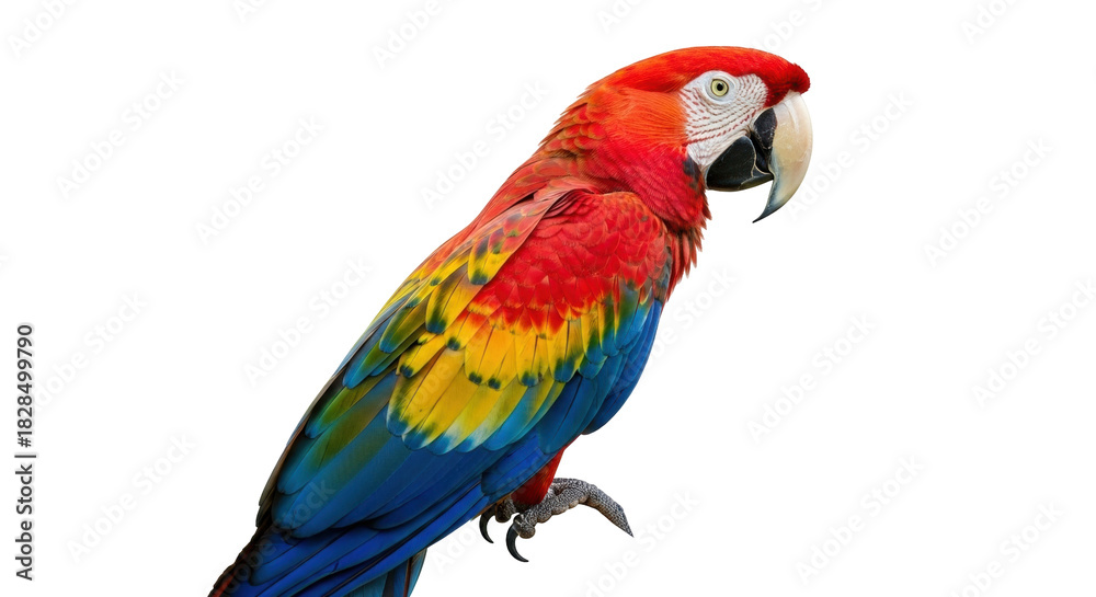 Obraz premium Isolated Scarlet Macaw parrot with vibrant colorful plumage and distinctive beak in studio shot