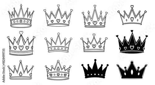 Assortment of doodle-style and silhouette crowns featuring hearts, diamonds, and classic points, ideal for princess and royalty concepts.