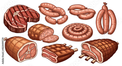 Assortment of meat products including grilled steak, various sausages, smoked ham, pork roasts, and BBQ ribs on a white background.