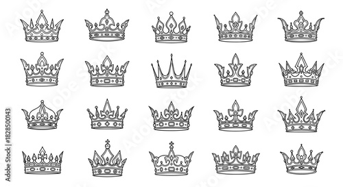 A diverse collection of elegant crown line art vector icons, showcasing various styles suitable for royalty and luxury designs.
