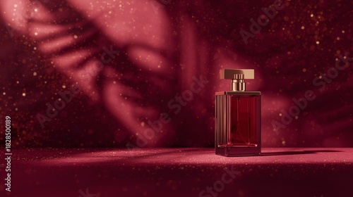 an elegant perfume bottle with luxury burgundy background with deep wine-red gradients