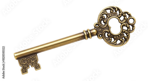 Isolated ornate antique key, old vintage golden key for secret lock, fantasy and vintage