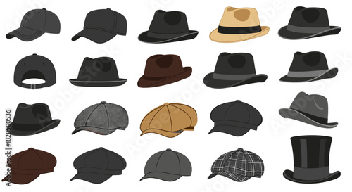 A diverse collection of various hat styles including baseball caps, fedoras, flat caps, and a top hat, perfect for fashion and accessory themes.