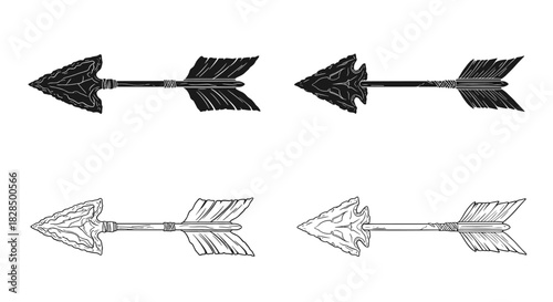 Stylized illustrations of traditional arrows, featuring primitive flint arrowheads and feathered fletching, presented in solid black and outline versions.