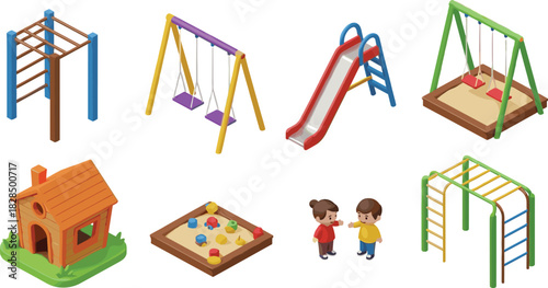 Isometric 3D Vector Set of Playground Equipment Including Slide, Swings, Monkey Bars, Sandbox, Wooden Playhouse, and Two Small Children, Isolated for Childhood Games and Recreation Graphics