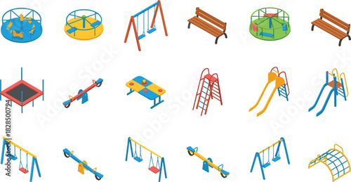 Isometric Vector Icons Set of Playground Equipment Including Swings, Trampoline, Merry-Go-Rounds, Slides, Seesaw, Bench, and Climbing Frames, Designed for Children's Fun and Outdoor Recreational
