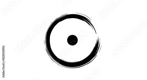 A black enso circle with a central dot, rendered with a rough brushstroke texture, symbolizing wholeness and the universe on a clean white background.