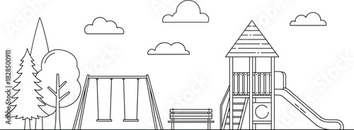 Outdoor linear playground vector illustration, simple line art outline of park equipment, including swings, slide, wooden tower house, bench, trees, and clouds, children's recreation concept.
