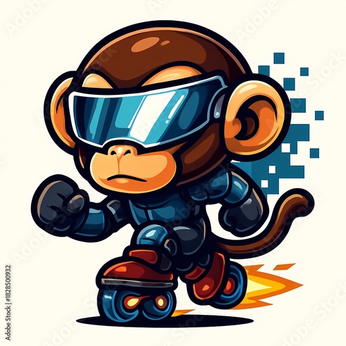Dynamic cartoon monkey rollerblading with speed and pixel effects, perfect for gaming, animation, or children's content with a fun, energetic vibe