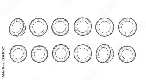 Collection of hand drawn circular shapes in a row and a second row