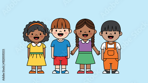 Happy diverse cartoon children standing together, celebrating friendship and childhood