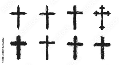 A set of eight distinct black brushstroke crosses, featuring various shapes and textures on a white background, symbolizing faith.